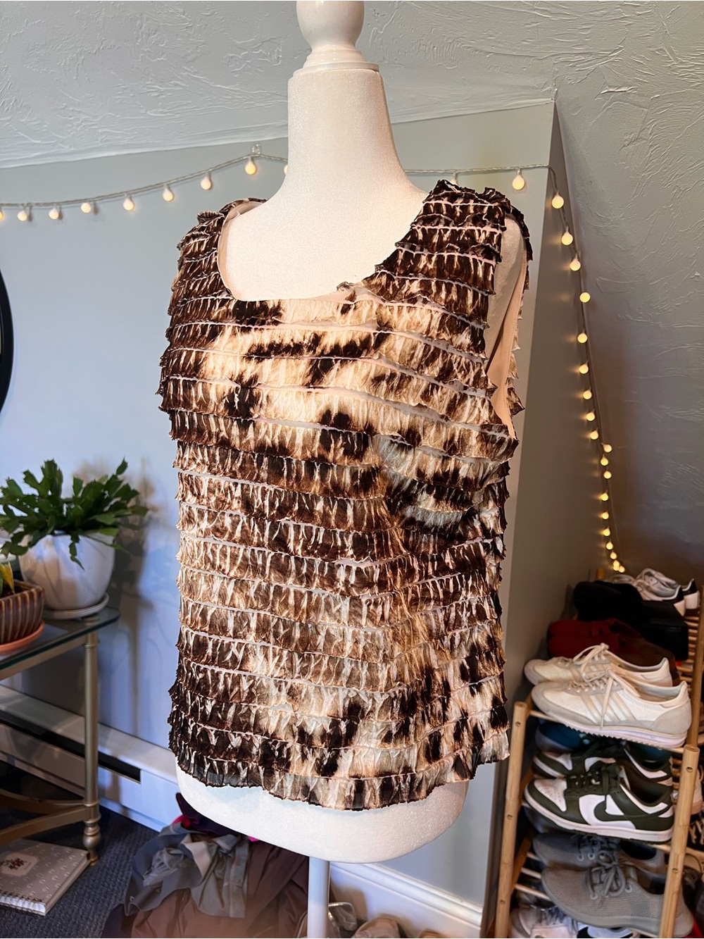 Vintage Sleeveless Ruffle Textured Tie-Dye Tank Top - Brown/Cream